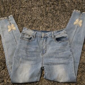 Source Unknown Blue Skinny Jeans with Gold Shamrock Accents